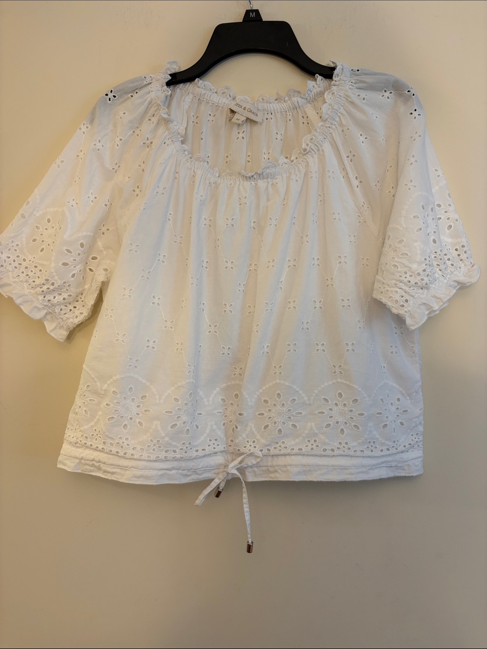 Jennifer & Grace Women’s White Eyelet Peasant Top, M